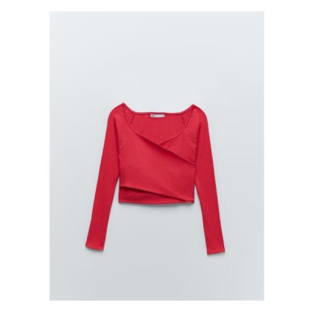Red Long Sleeve cross wrap facade Top never worn